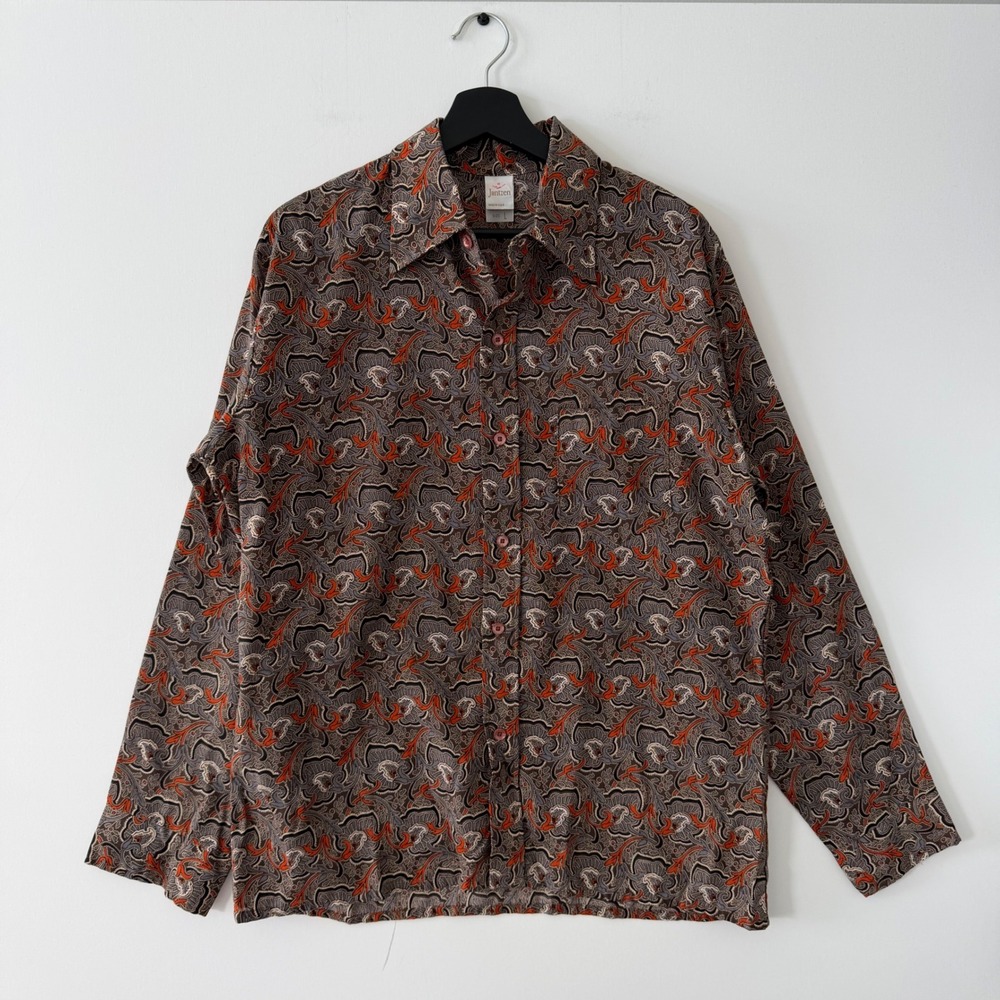 Vintage Jantzen Mens L Brown Orange Abstract Paisley Button Down Shirt USA 80s